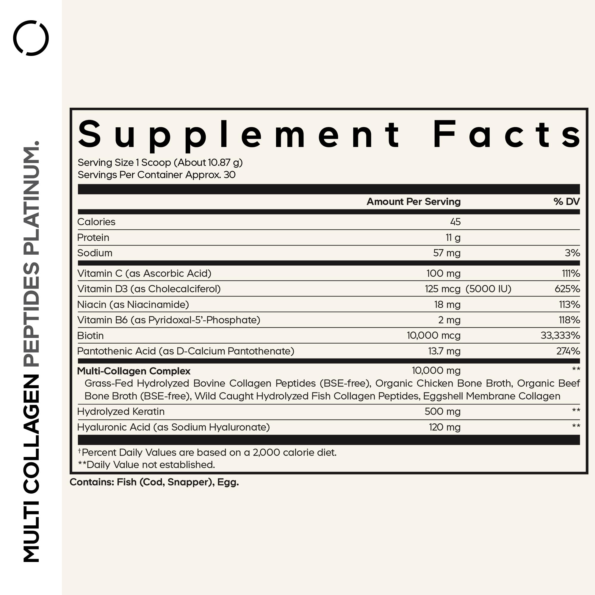 Codeage Multi Collagen 5-types graphic highlights diverse collagen sources for overall wellness.