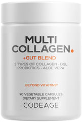 Codeage Multi Collagen Gut Blend bottle with capsules supporting daily digestive comfort.