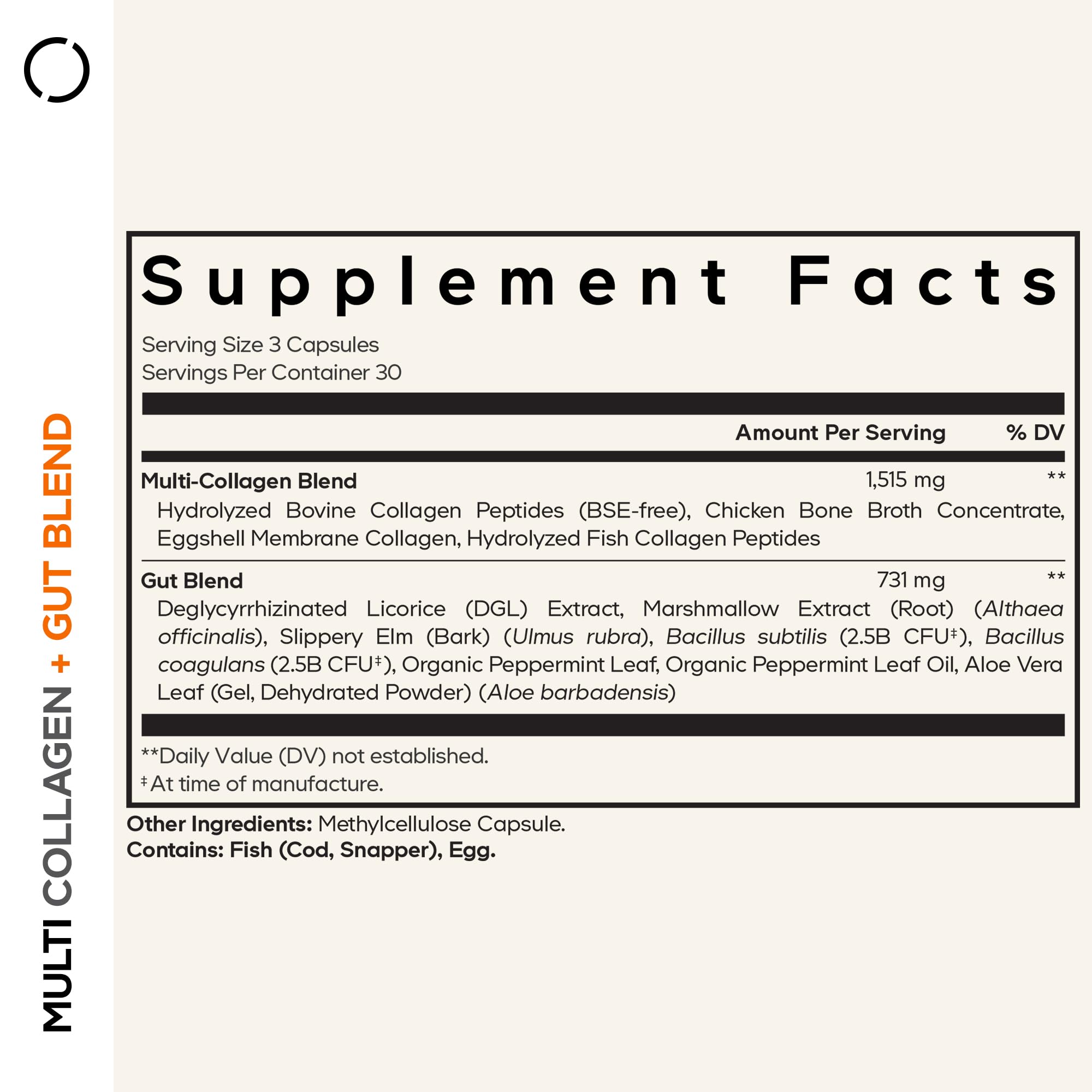 Close-up of Codeage Multi Collagen Gut Blend capsules highlighting hydrolyzed collagen sources.
