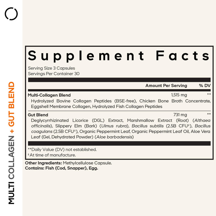 Close-up of Codeage Multi Collagen Gut Blend capsules highlighting hydrolyzed collagen sources.