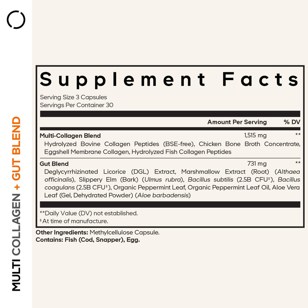 Close-up of Codeage Multi Collagen Gut Blend capsules highlighting hydrolyzed collagen sources.