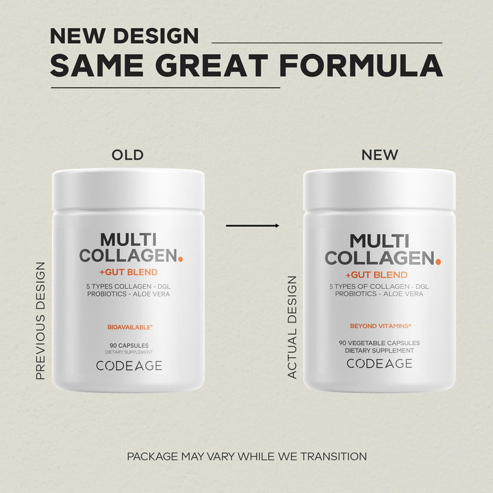 Codeage Multi Collagen Gut Blend label showing non-GMO and dairy-free ingredients.