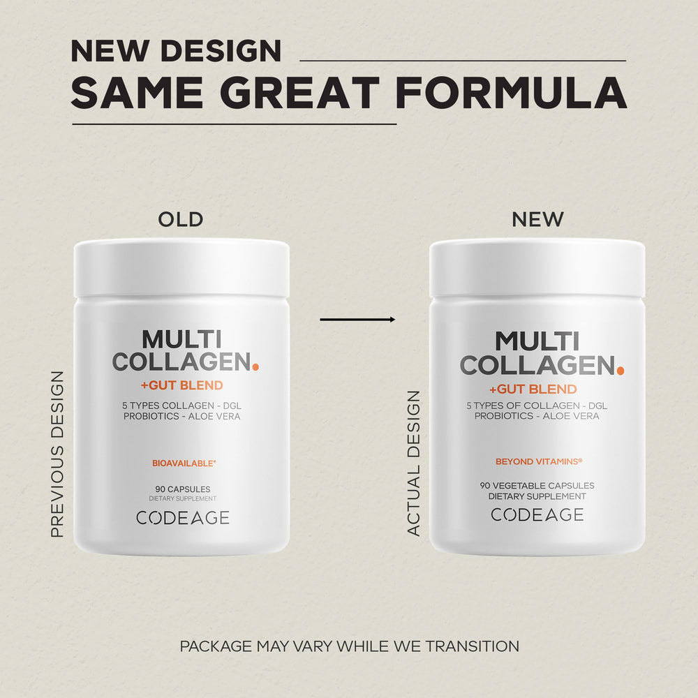 Codeage Multi Collagen Gut Blend label showing non-GMO and dairy-free ingredients.