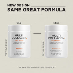 Codeage Multi Collagen Gut Blend label showing non-GMO and dairy-free ingredients.