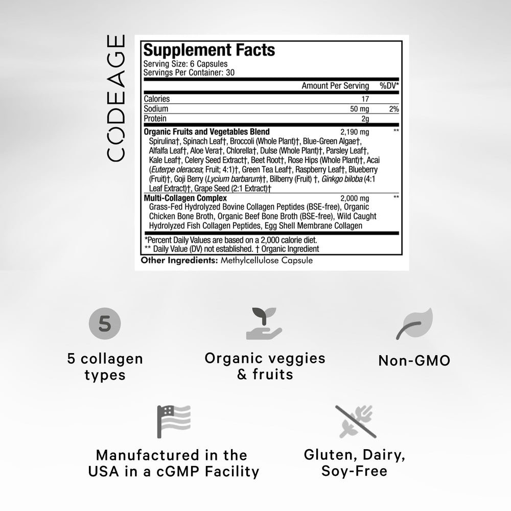Codeage multi collagen raw greens capsules for simple daily supplementation.