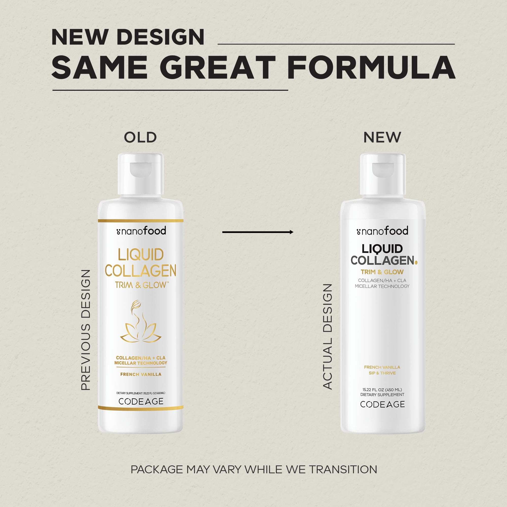 Codeage Nanofood Liposome Trim Glow Bottle highlights liposomal formula for enhanced delivery.