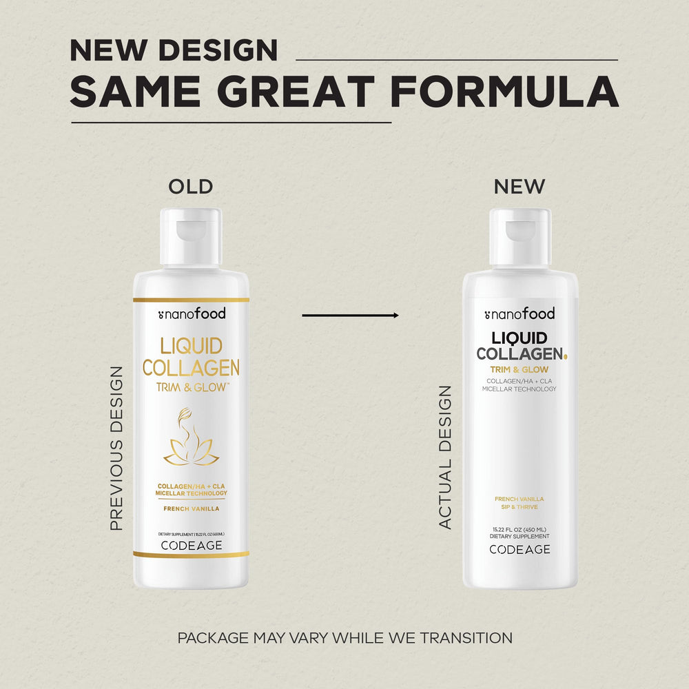 Codeage Nanofood Liposome Trim Glow Bottle highlights liposomal formula for enhanced delivery.