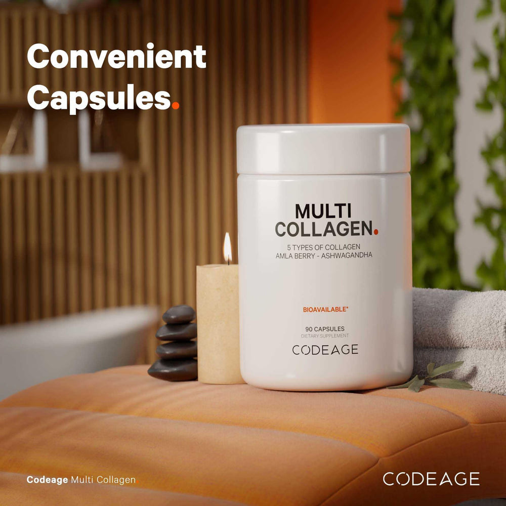 Codeage On-the-go use with bottle beside water for easy dosing.