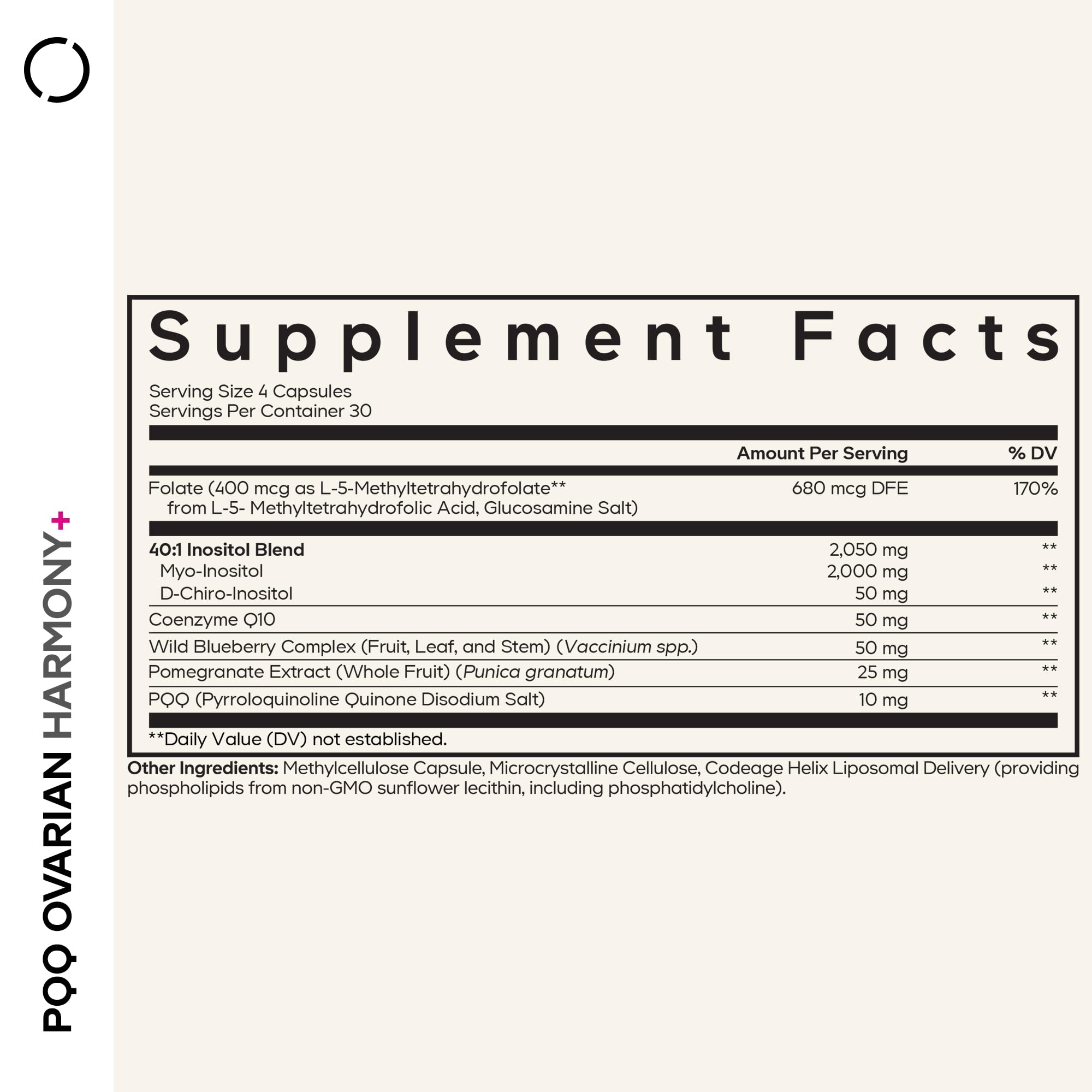 Close-up of Codeage PQQ Ovarian Harmony+ bottle and label