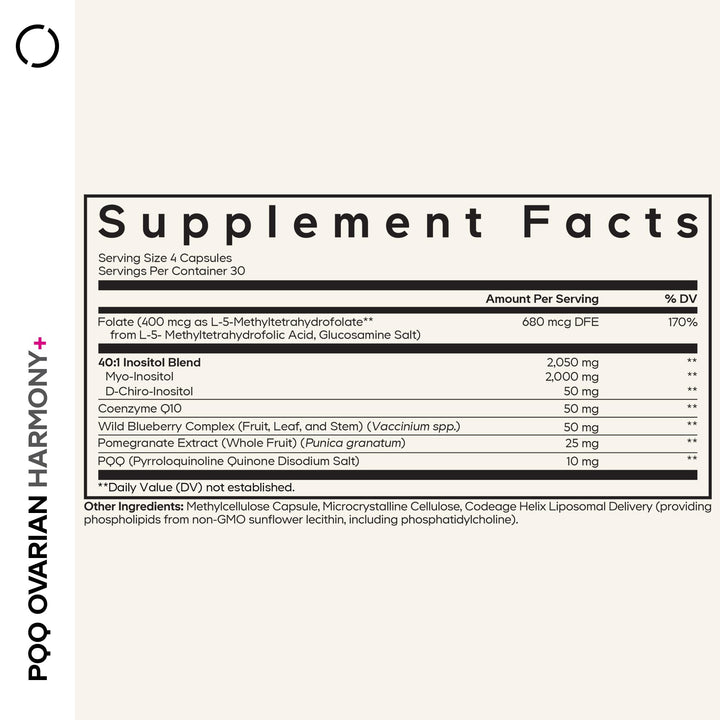 Close-up of Codeage PQQ Ovarian Harmony+ bottle and label