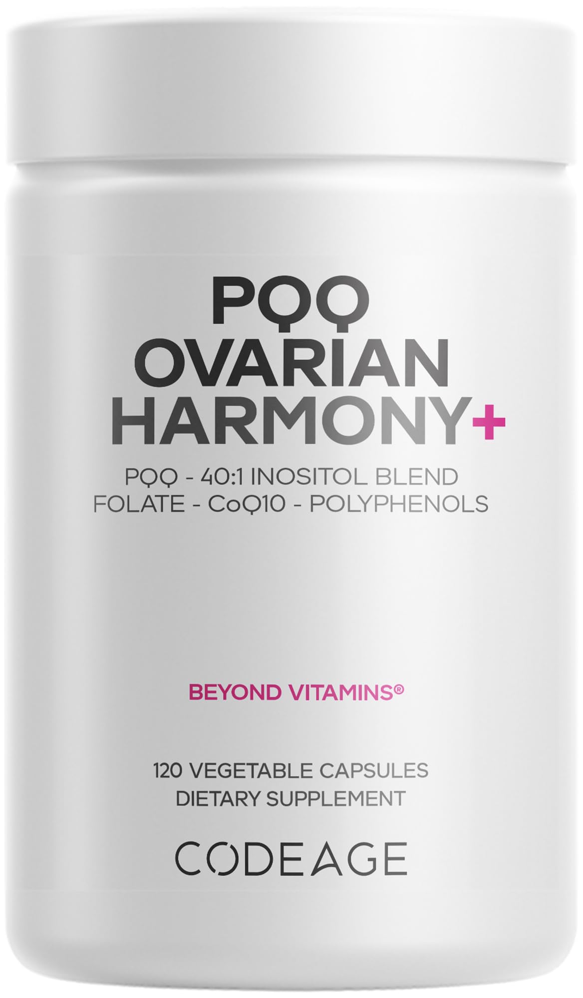 Codeage PQQ Ovarian Harmony+ bottle front view with capsules