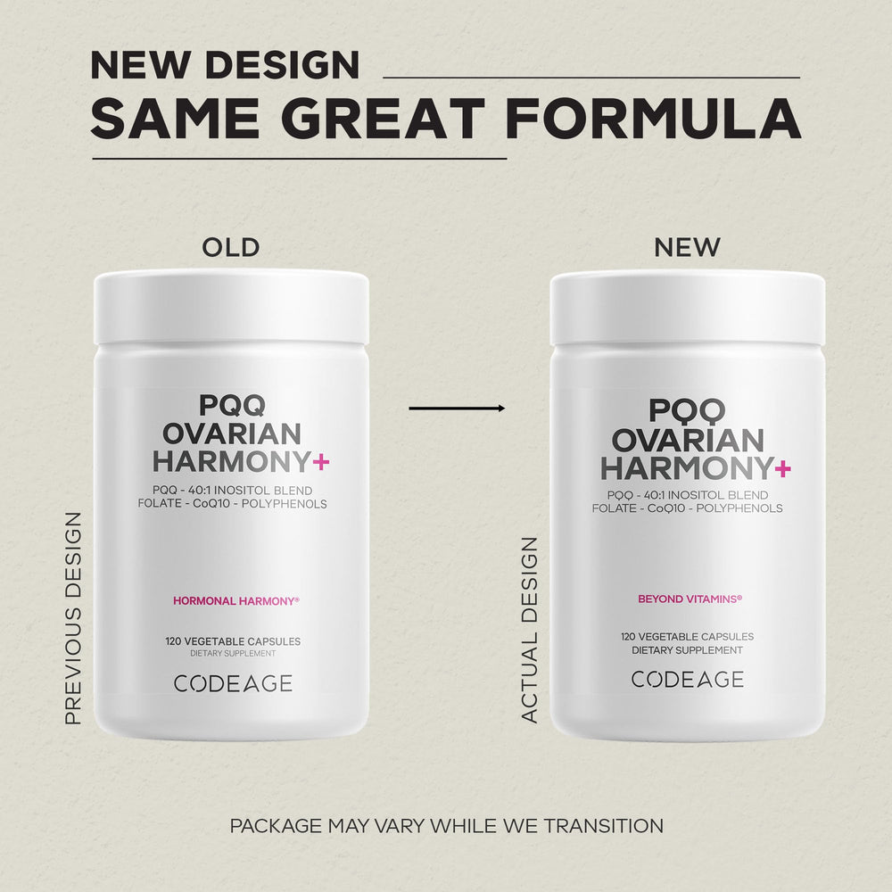 Codeage PQQ Ovarian Harmony+ capsules in hand for daily use