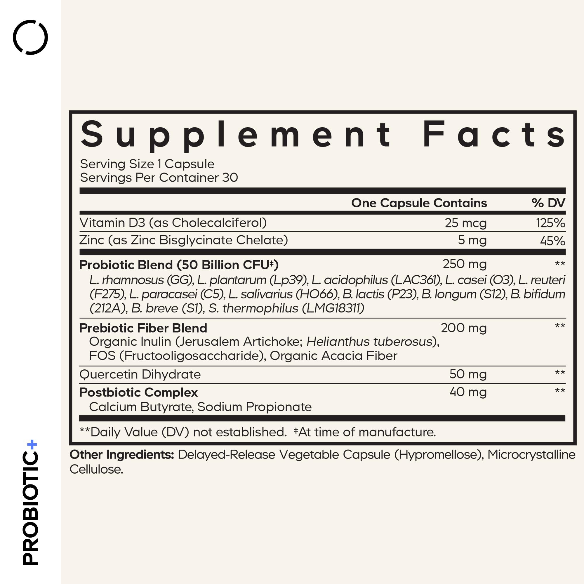 Codeage Probiotic+ ingredients graphic highlights prebiotic fiber for gut-friendly wellness.