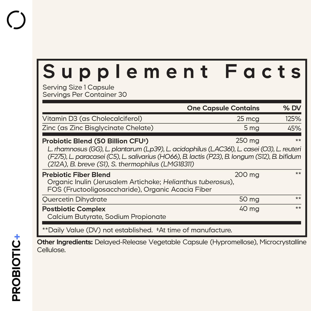 Codeage Probiotic+ ingredients graphic highlights prebiotic fiber for gut-friendly wellness.