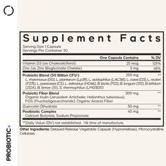 Codeage Probiotic+ ingredients graphic highlights prebiotic fiber for gut-friendly wellness.