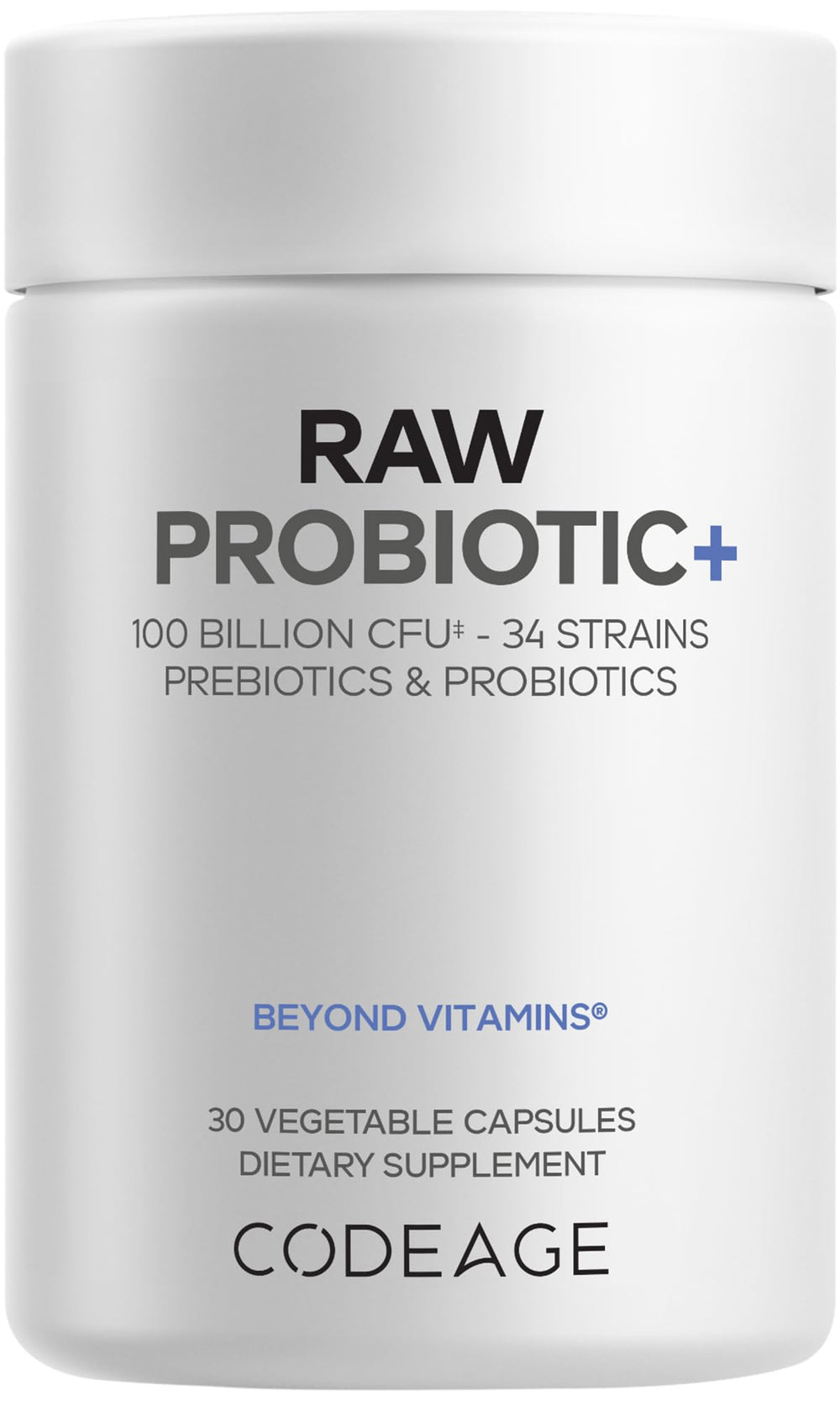 Codeage Raw Probiotic+ bottle with 34 strains may support digestion
