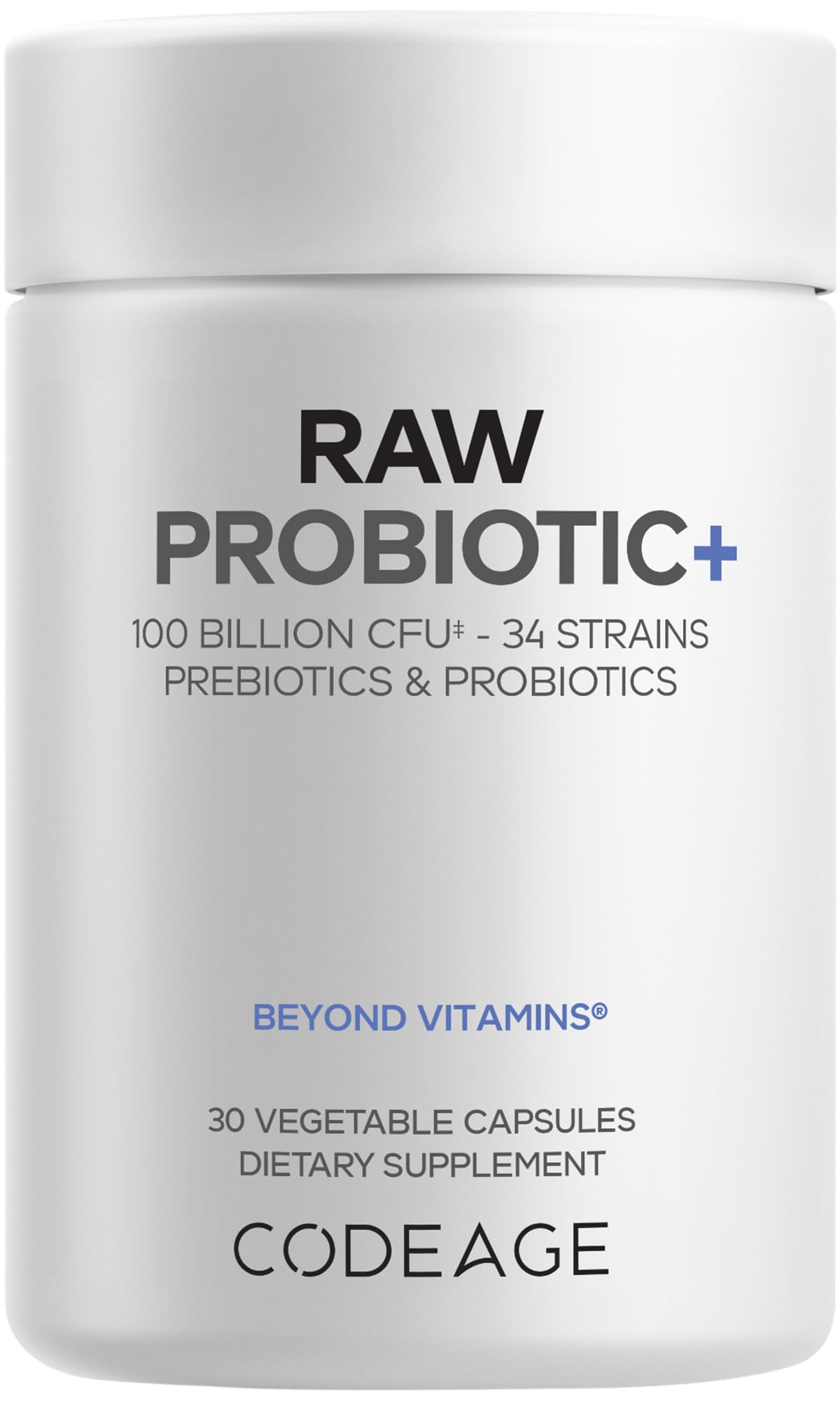 Codeage Raw Probiotic+ bottle with 34 strains may support digestion