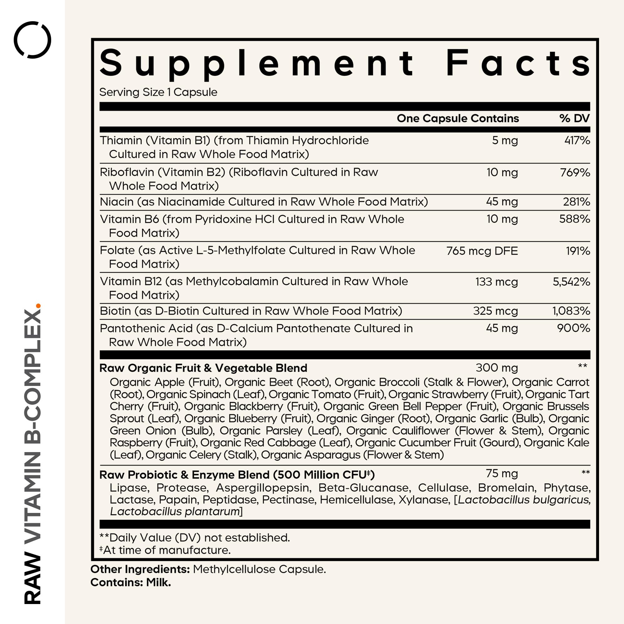 Codeage Raw Vitamin B-Complex label close-up highlights the non-GMO formula.