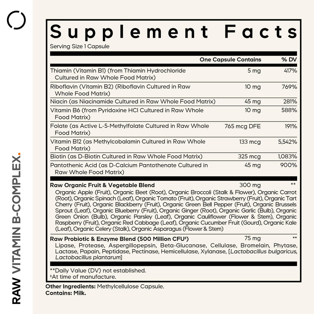 Codeage Raw Vitamin B-Complex label close-up highlights the non-GMO formula.