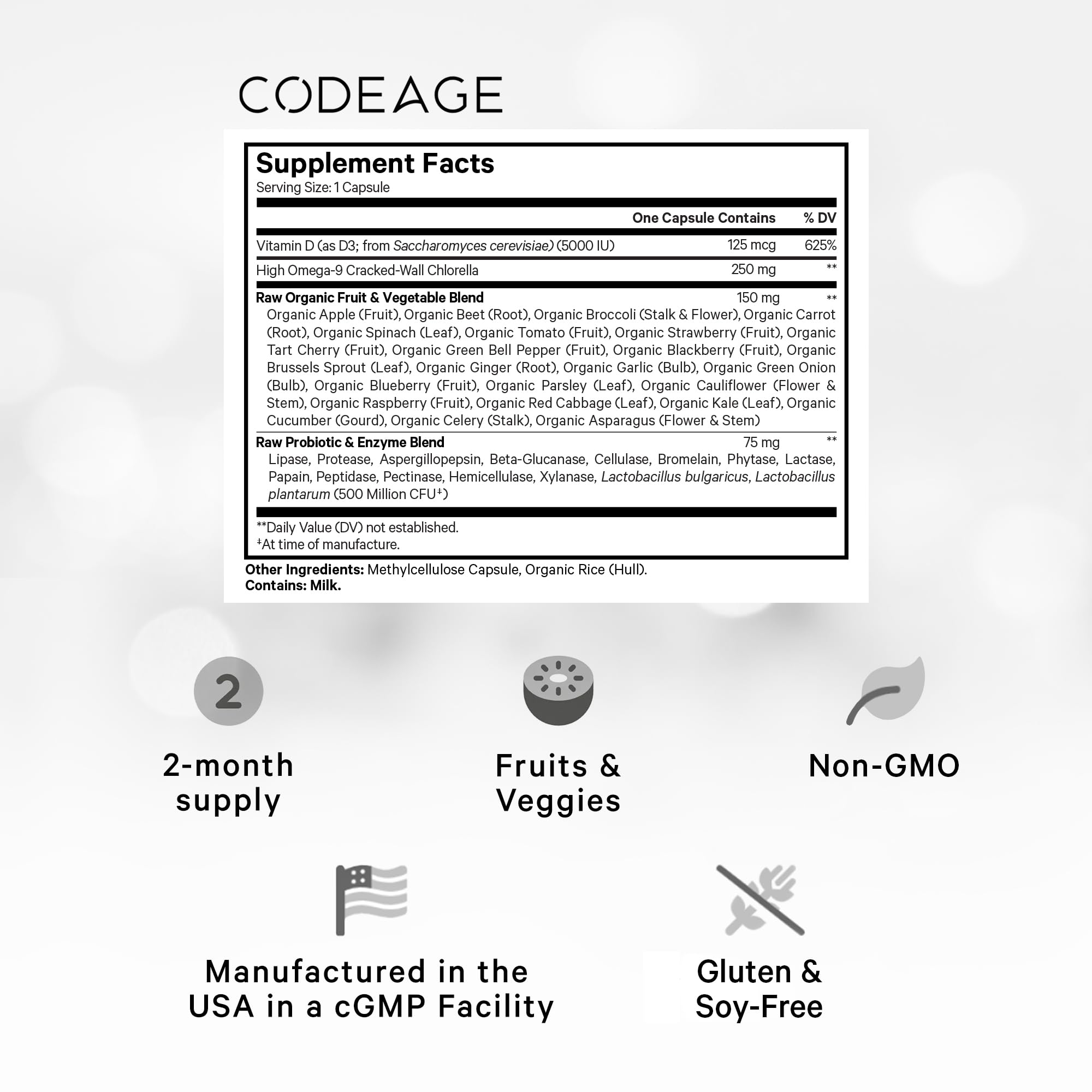 Codeage Raw Vitamin D3+ capsules being poured for easy daily supplementation.