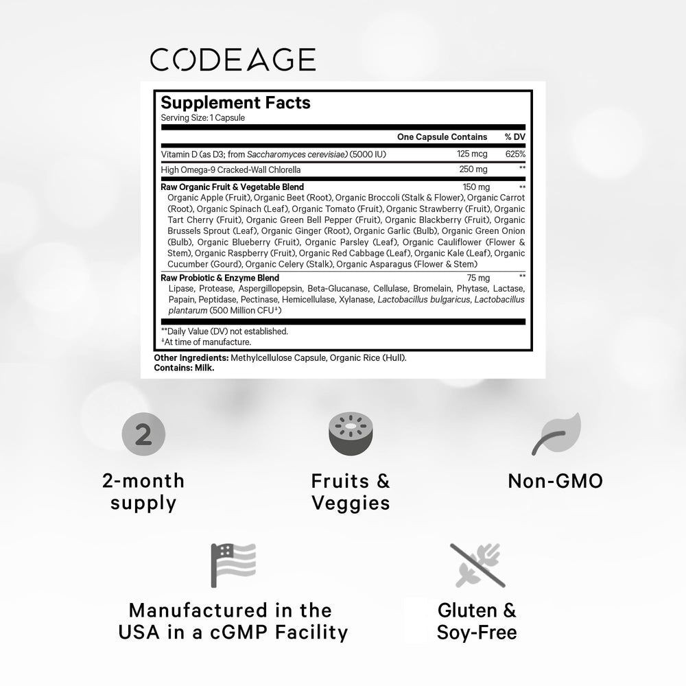 Codeage Raw Vitamin D3+ capsules being poured for easy daily supplementation.
