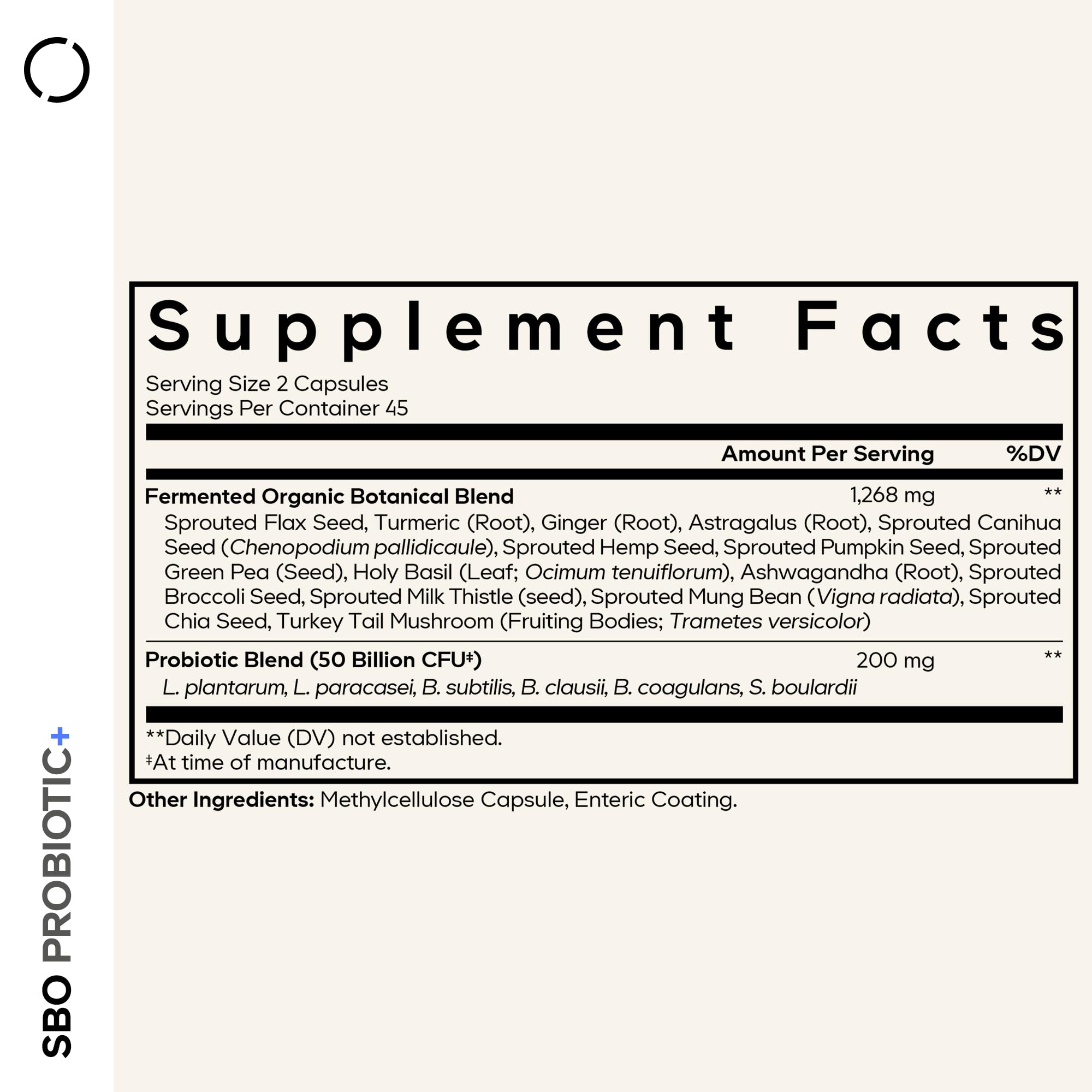 Codeage SBO Probiotic+ six strains illustration highlights diverse gut-supporting strains