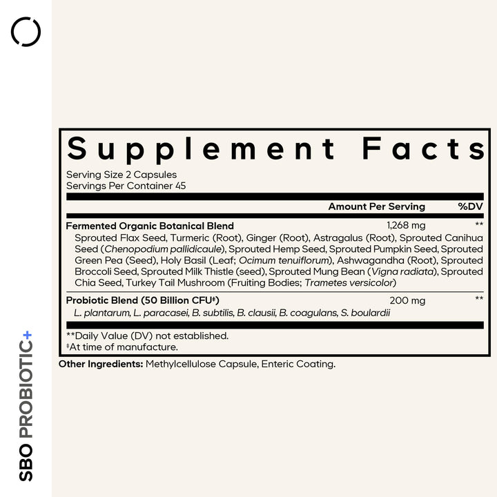 Codeage SBO Probiotic+ six strains illustration highlights diverse gut-supporting strains