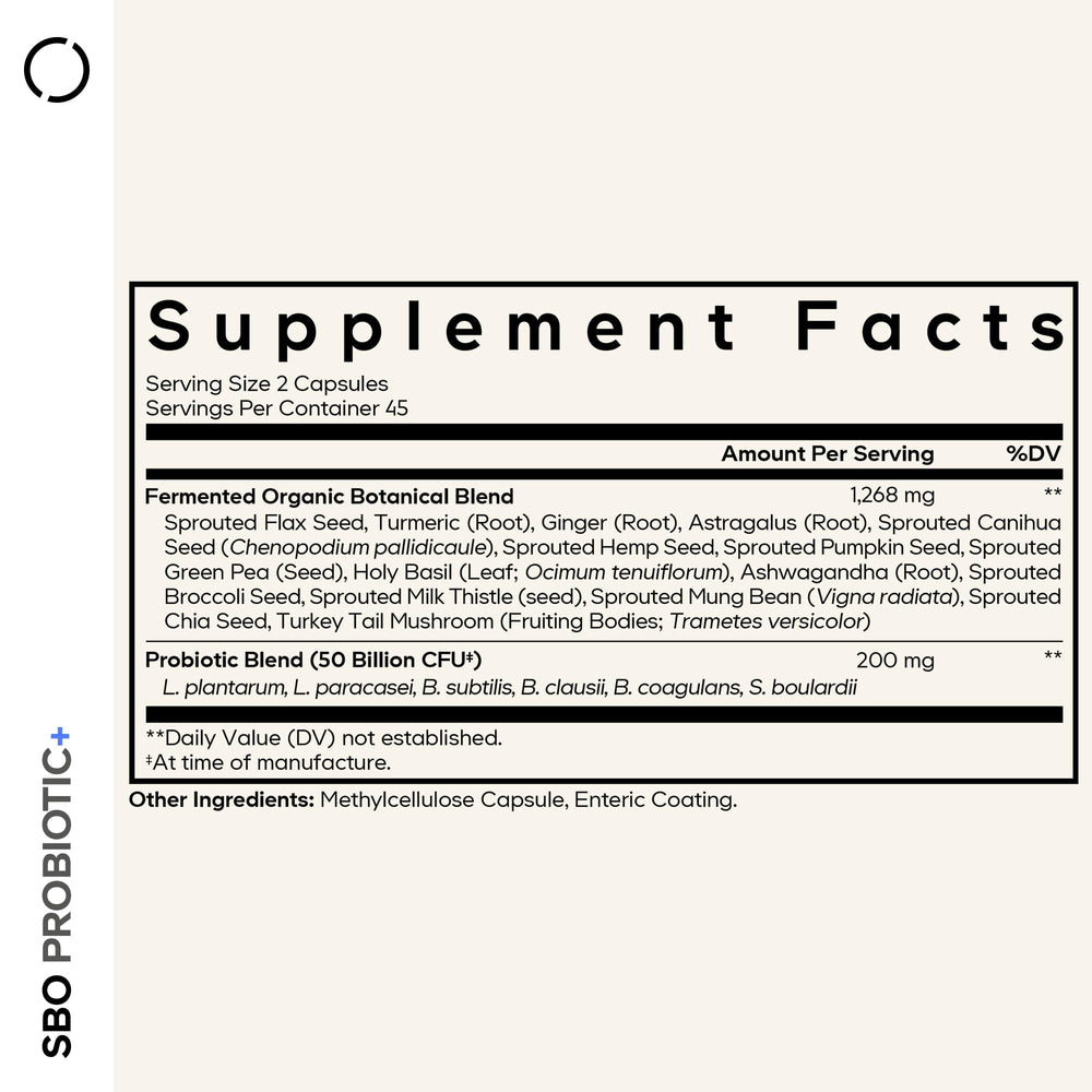 Codeage SBO Probiotic+ six strains illustration highlights diverse gut-supporting strains