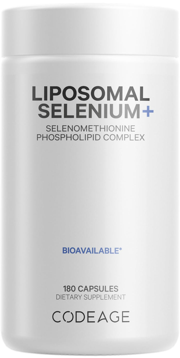 Codeage Selenium 200 mcg liposomal capsules bottle shows six-month supply for easy daily use.