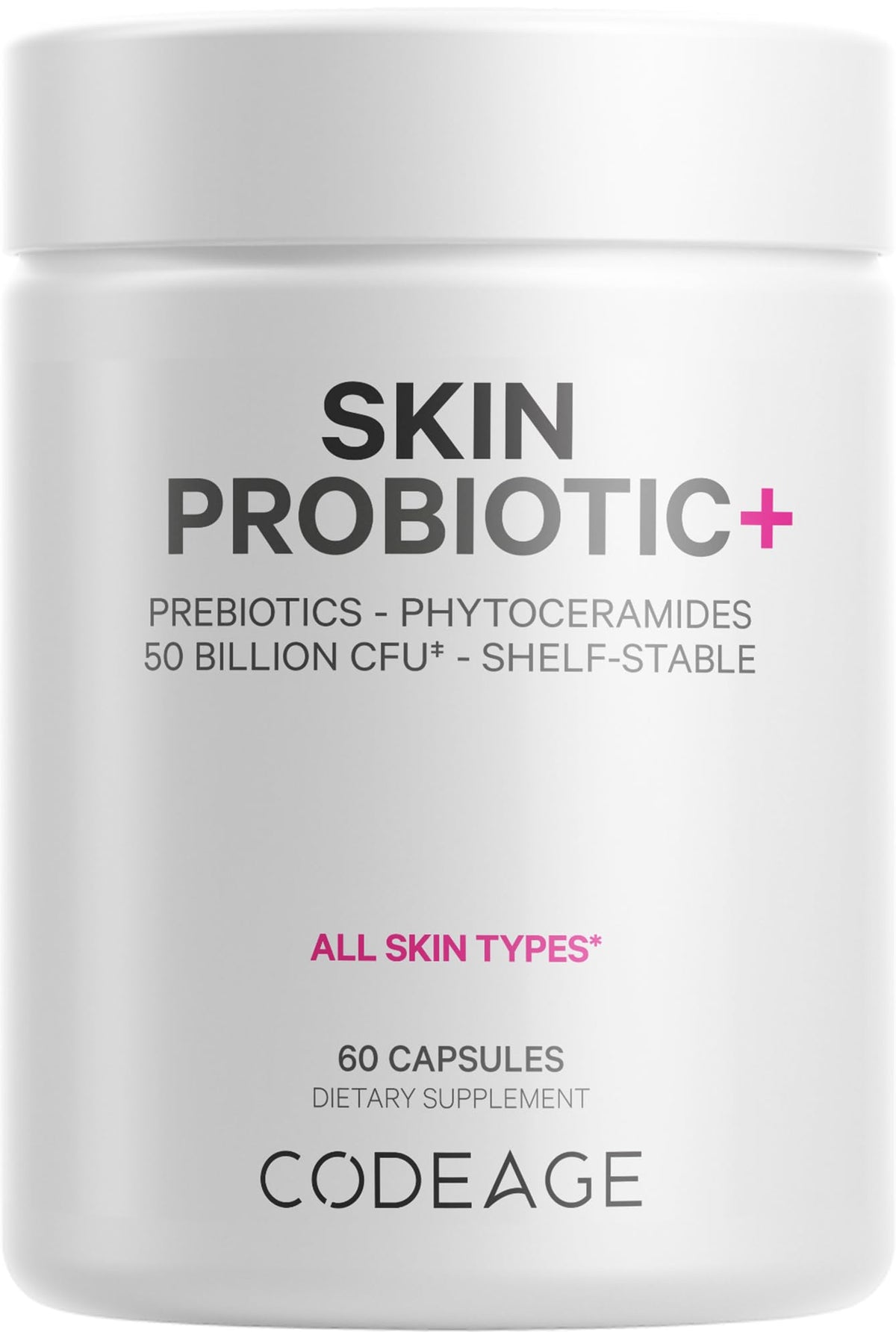 Codeage Skin Probiotics bottle front view highlighting shelf stable formula for daily use.