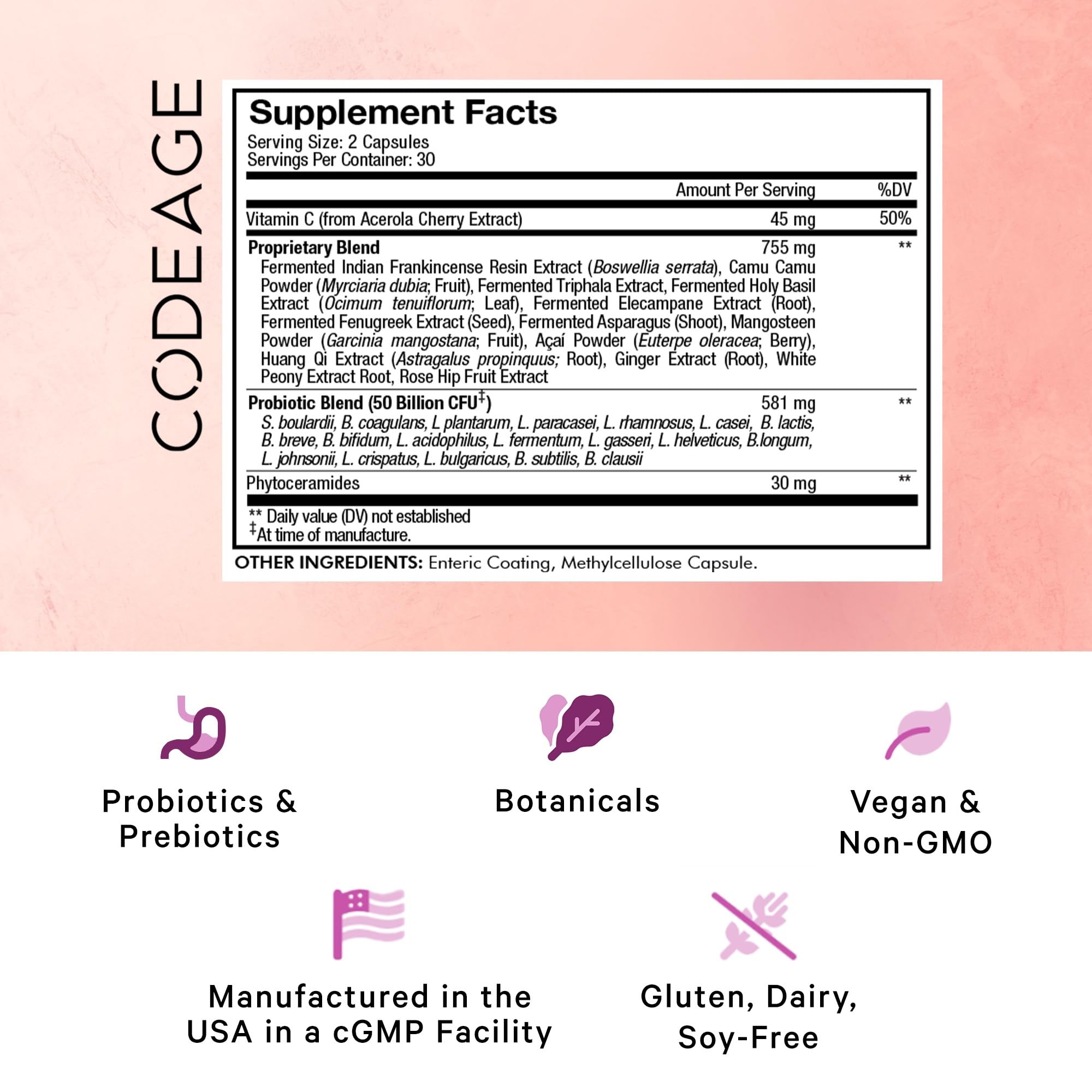 Codeage Skin Probiotics bottle label shows 50B CFU and 19 strains.