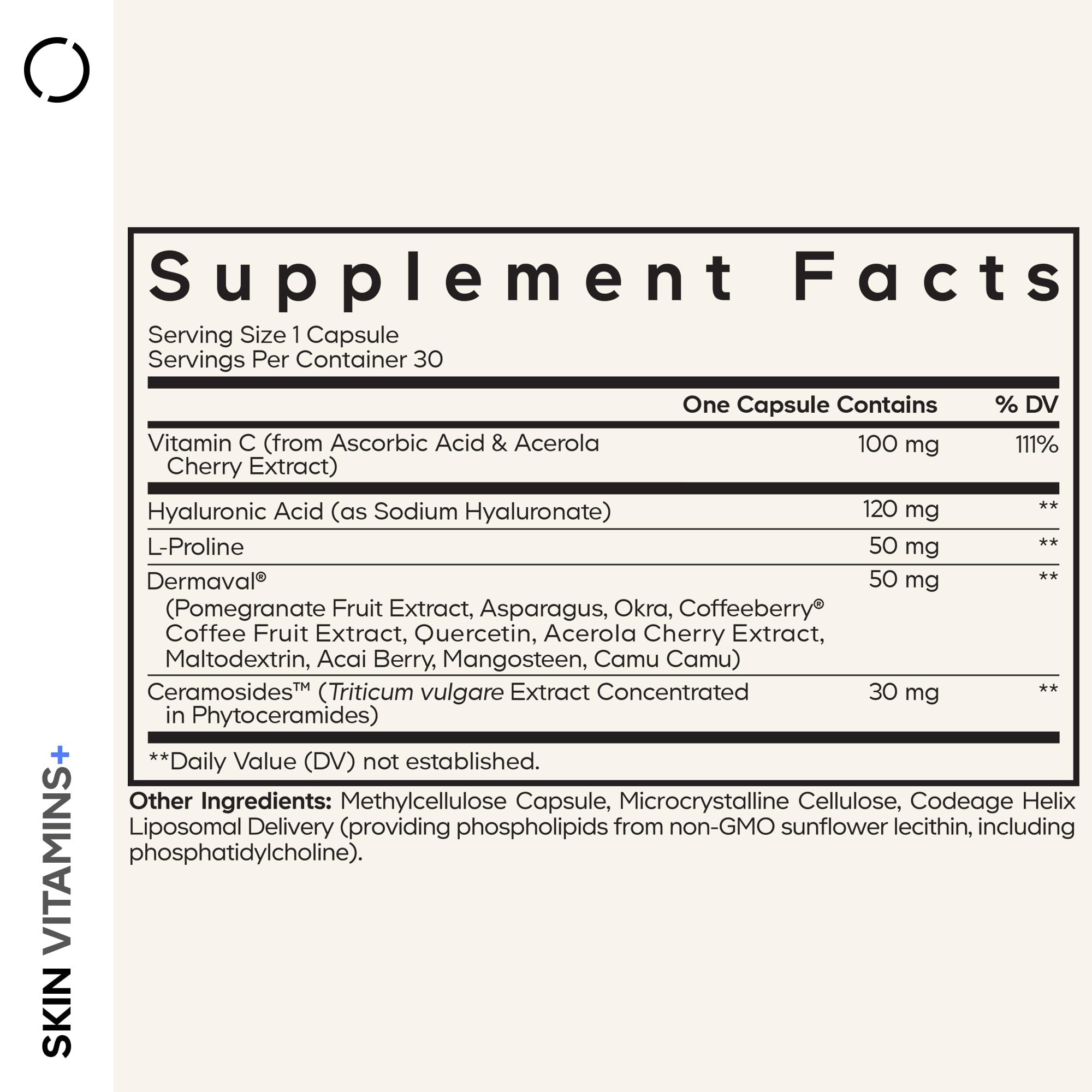 Codeage Skin Vitamins+ Dermaval bottle label showing the multi-plant blend for skin support