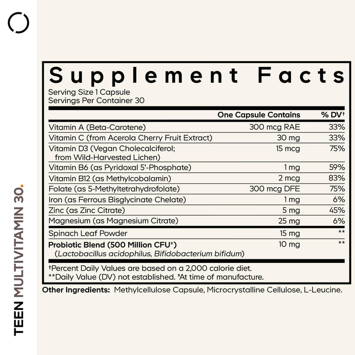 Codeage Teen Multivitamin bottle pour shows simple, one-capsule daily routine