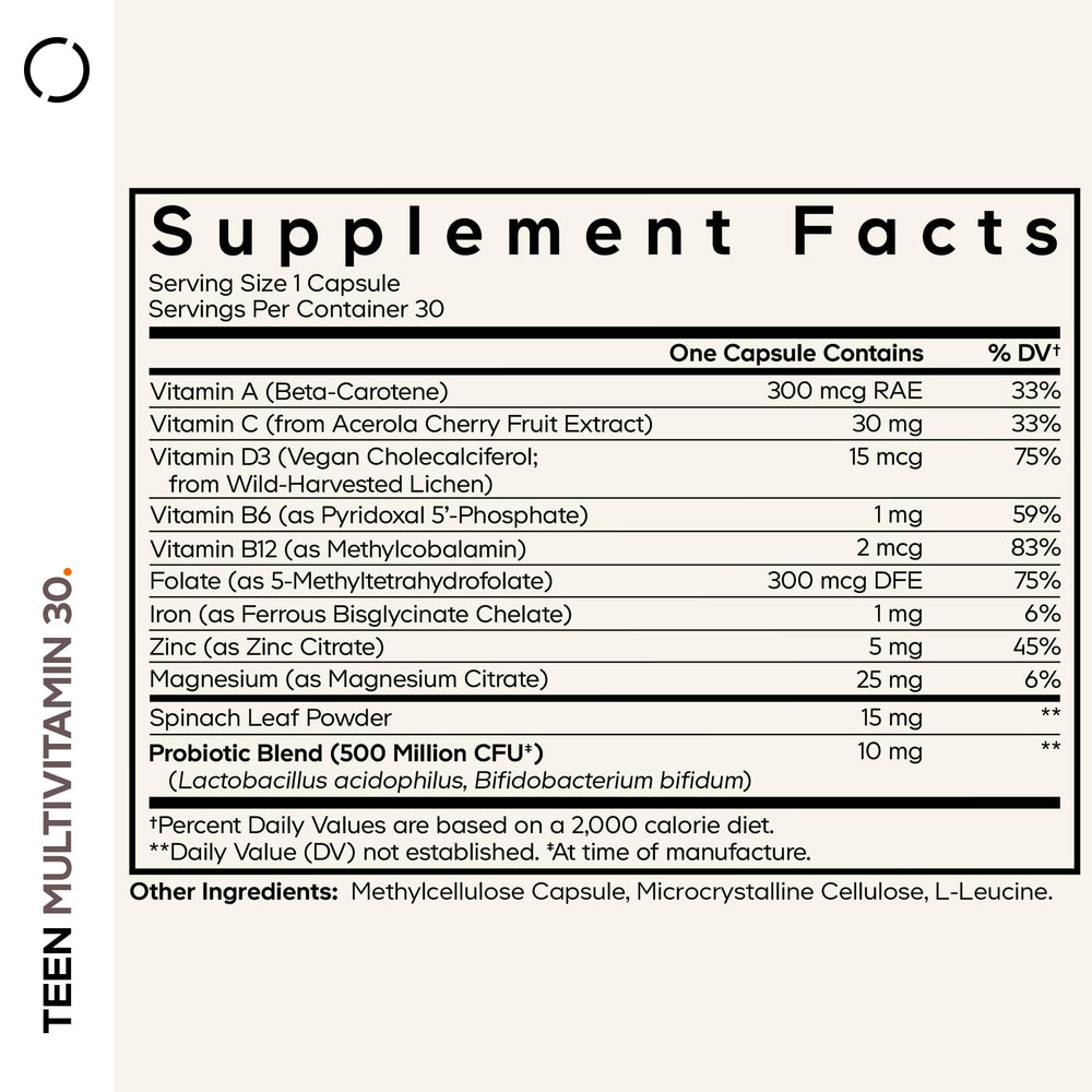 Codeage Teen Multivitamin bottle pour shows simple, one-capsule daily routine