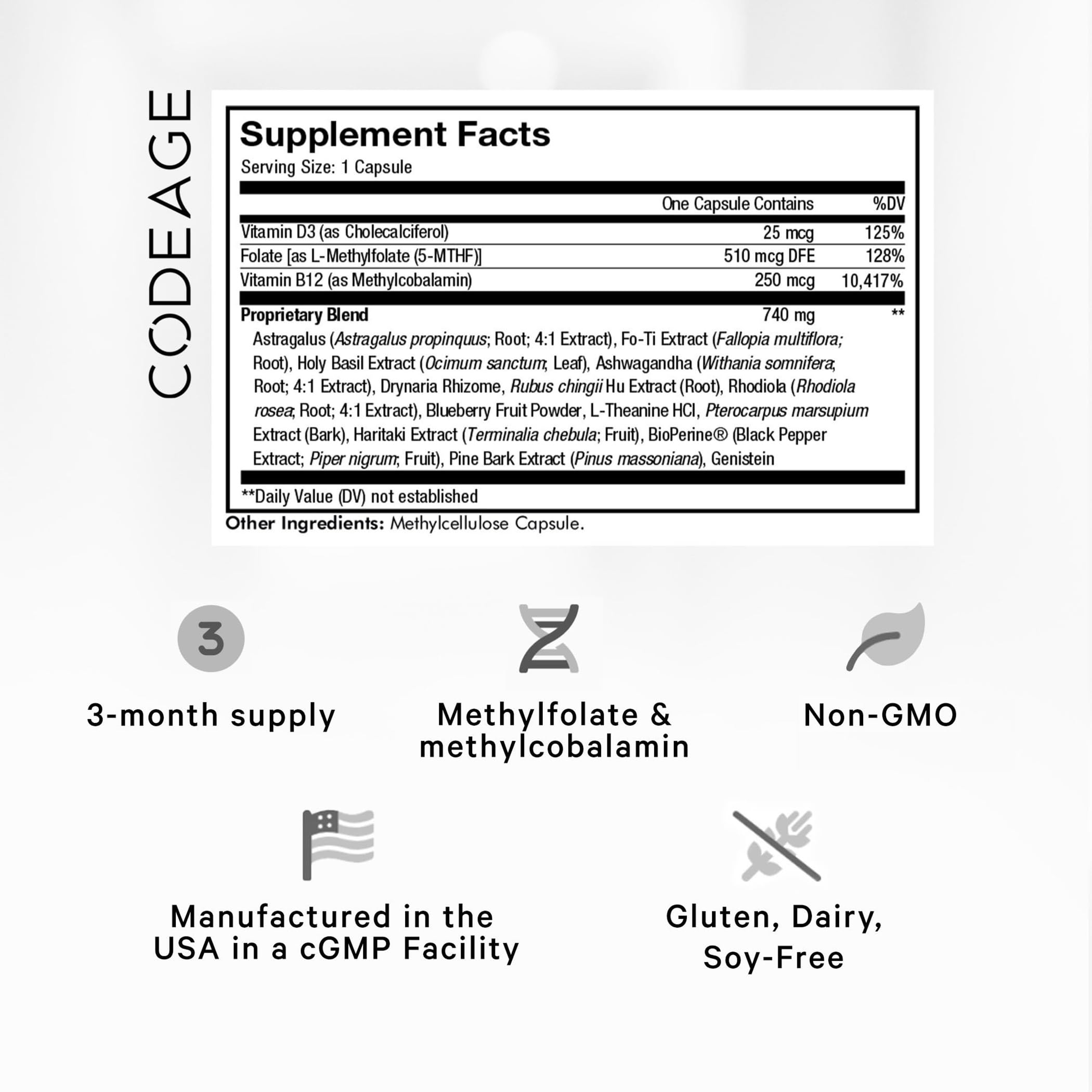 Codeage Ultra Life Telomeres bottle label highlights ingredients for methylation support.
