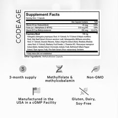 Codeage Ultra Life Telomeres bottle label highlights ingredients for methylation support.
