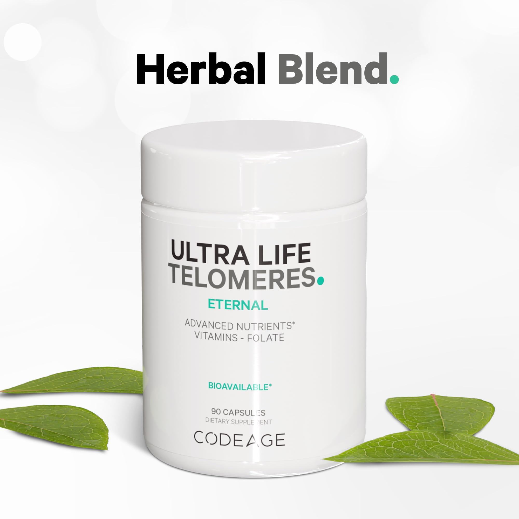 Codeage Ultra Life Telomeres herbal blend highlights astragalus and ashwagandha for balance.