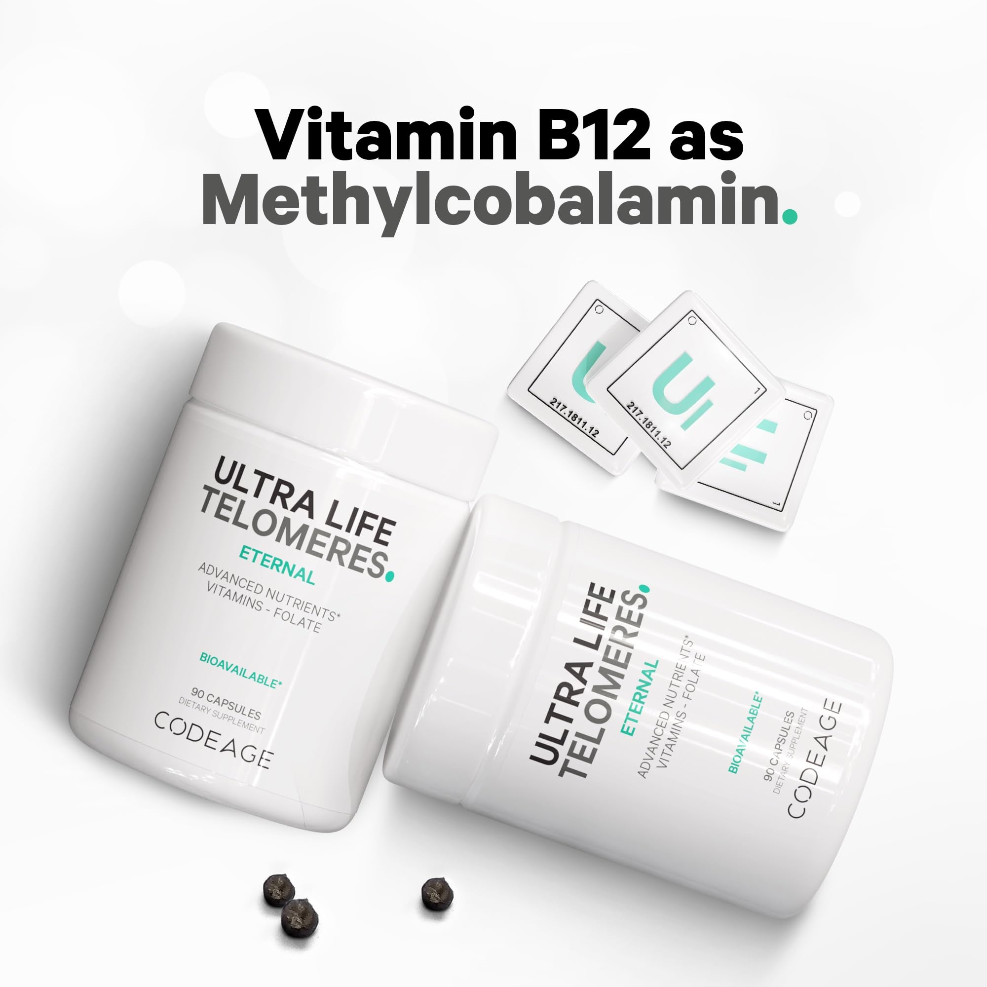 Codeage Ultra Life Telomeres outer packaging emphasizes USA manufacturing and non-GMO.