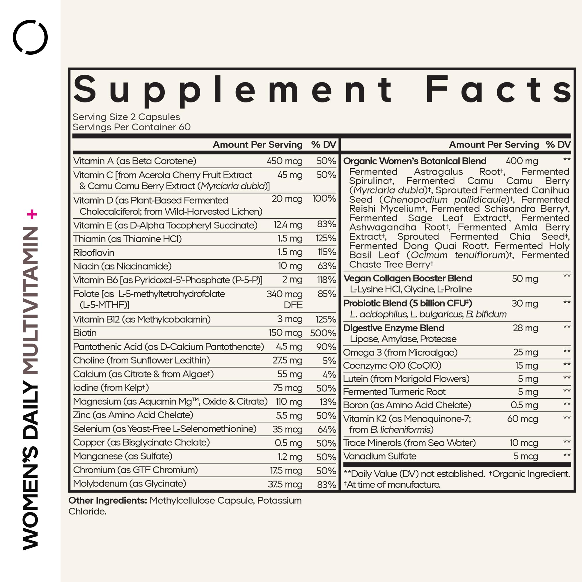 Codeage Women’s Daily Multivitamin label closeup highlighting vitamins.