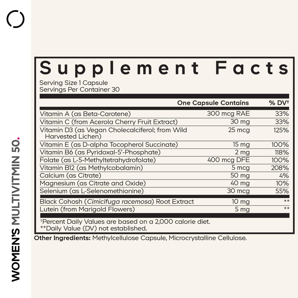 Codeage Women’s Multivitamin 50 bottle label highlights key ingredients