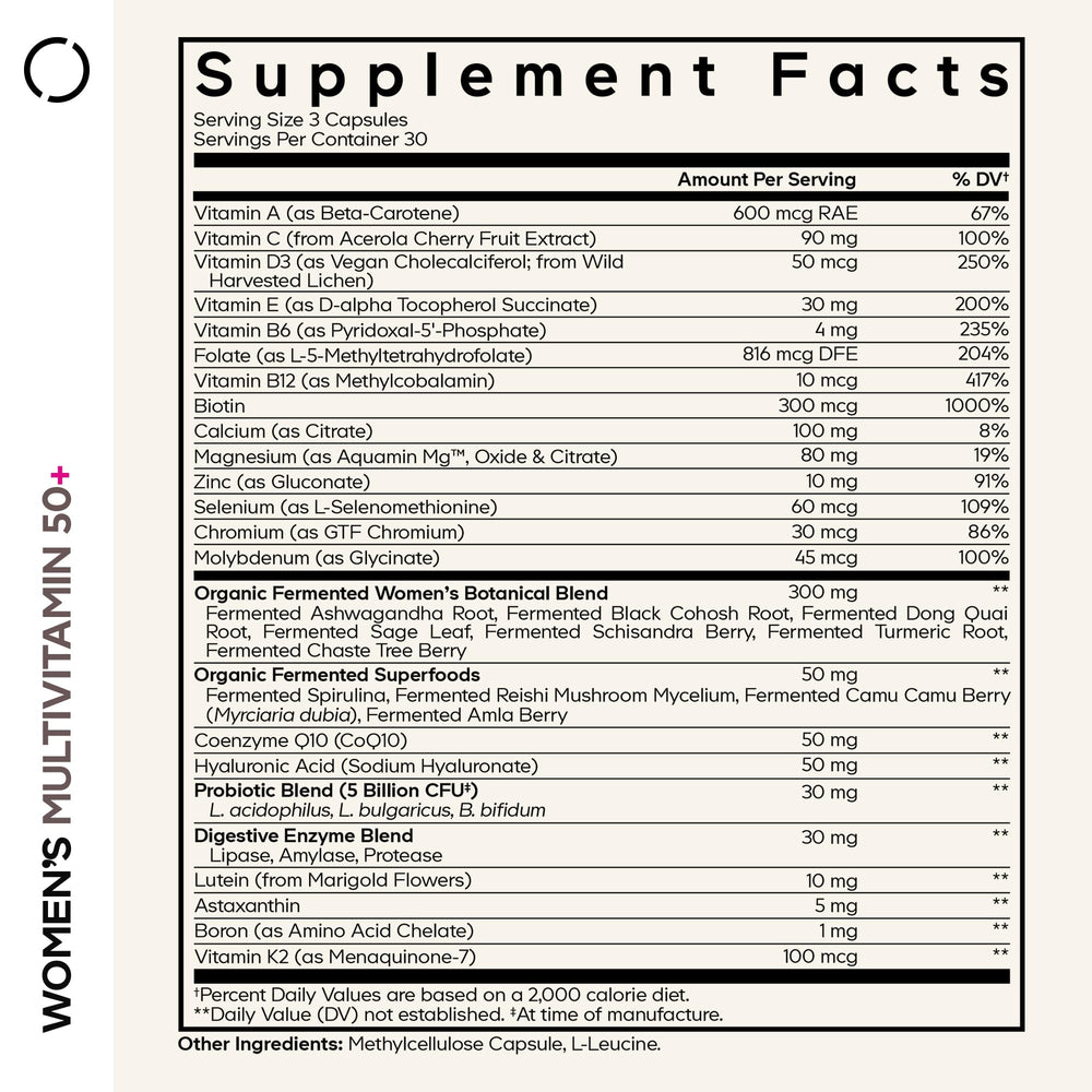 Codeage 50plus capsules closeup showing smooth, easy-to-swallow form.