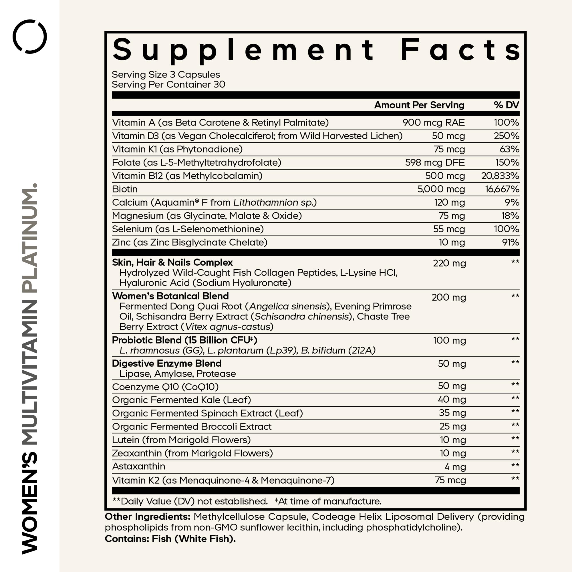 Codeage Womens Multivitamin Platinum label detail highlights CoQ10 and minerals