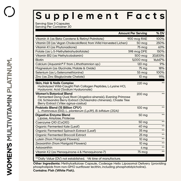 Codeage Womens Multivitamin Platinum label detail highlights CoQ10 and minerals