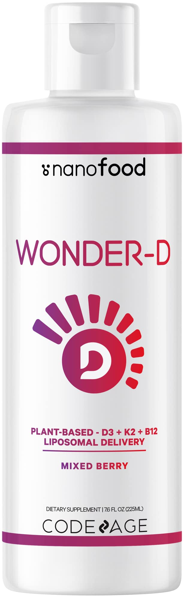 Codeage Wonder-D bottle highlights vegan D3, K2, and B12 for convenient daily supplementation.