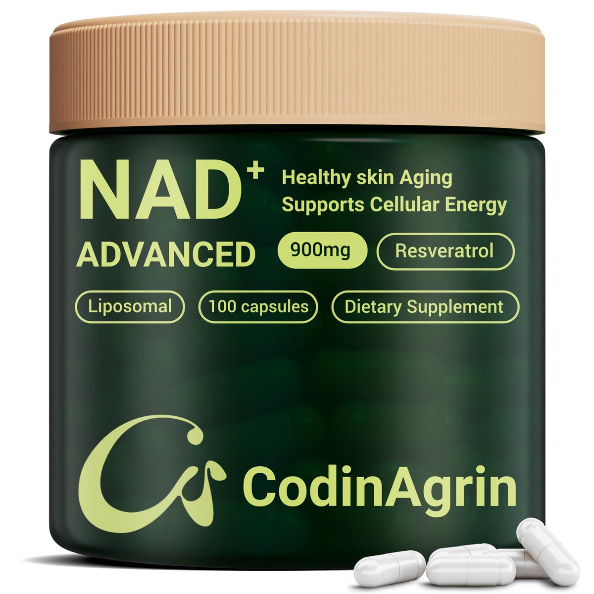 CodinAgrin NAD+ bottle front view with vegan capsules for daily energy support
