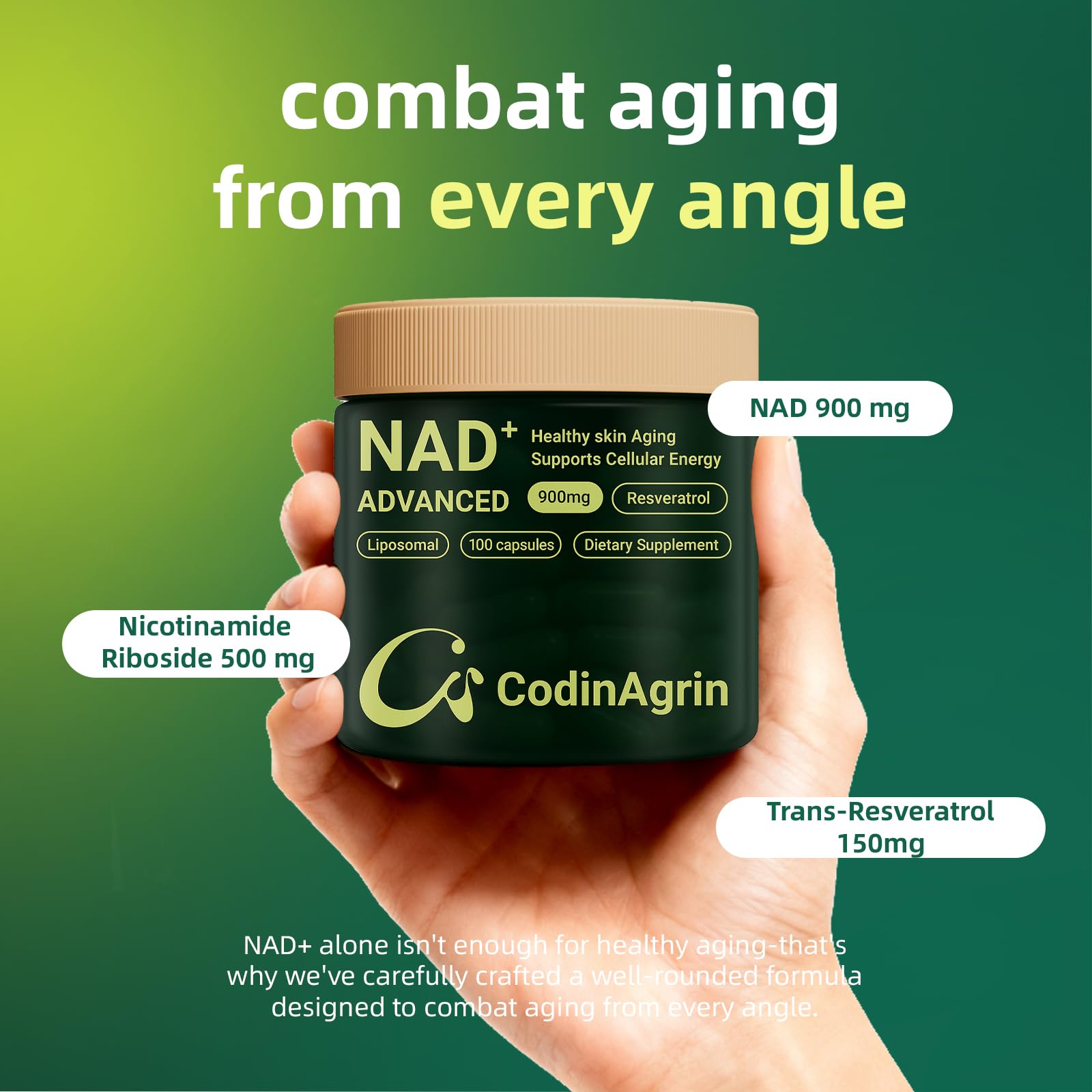 CodinAgrin NAD+ capsules close-up showing easy daily dosage for energy