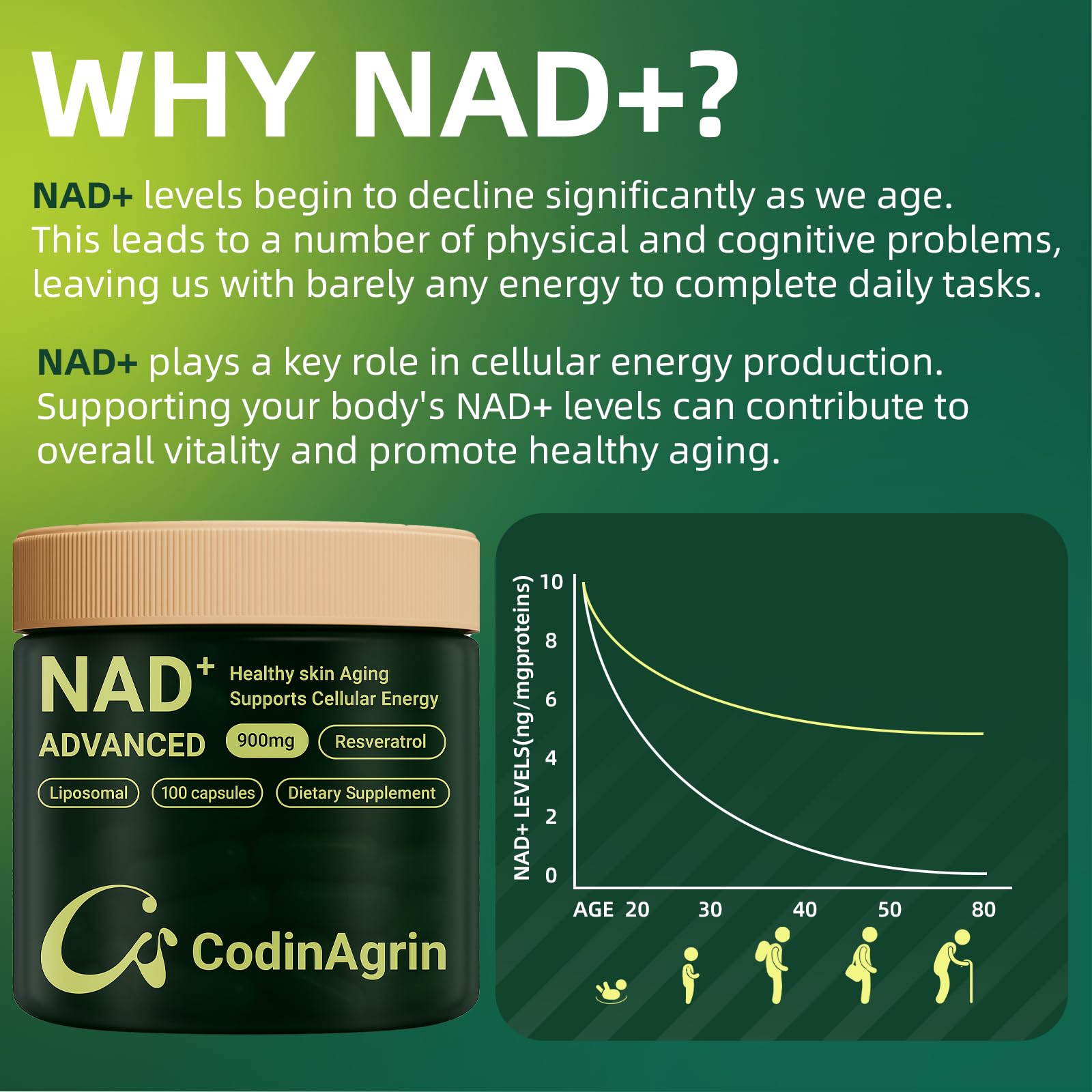 CodinAgrin NAD+ resveratrol ingredient list highlighting added antioxidant support