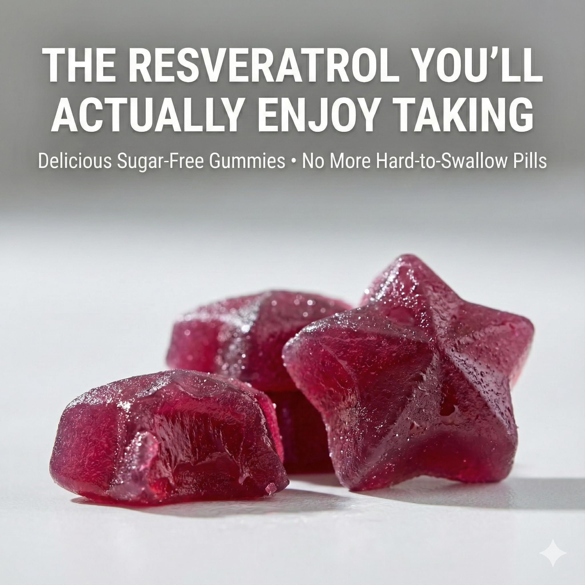Close-up of Cognitune Resveratrol Gummies showing a sugar-free formulation for guilt-free daily use.