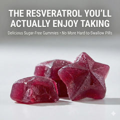 Close-up of Cognitune Resveratrol Gummies showing a sugar-free formulation for guilt-free daily use.
