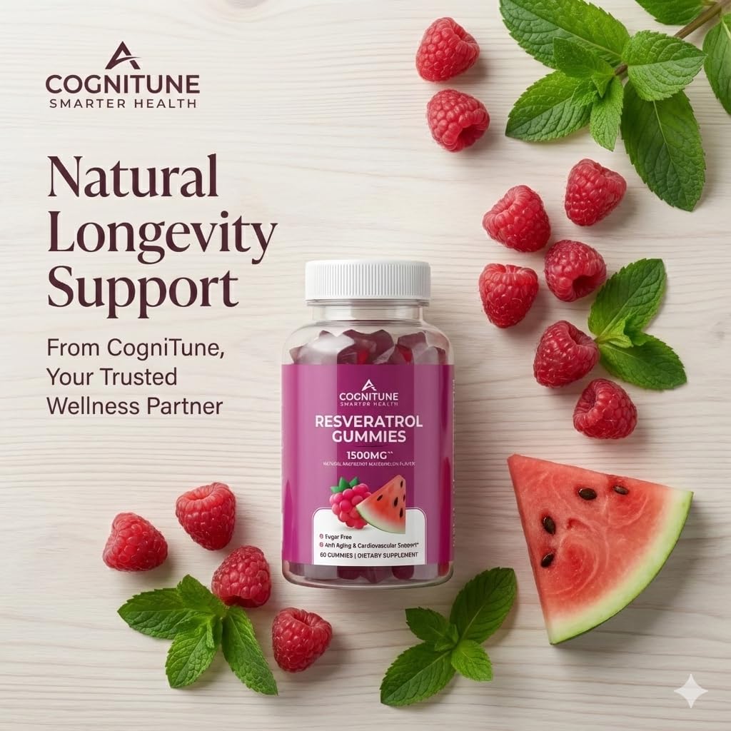 CogniTune gummies poured on a clean surface highlight enjoyable, sugar-free taste.